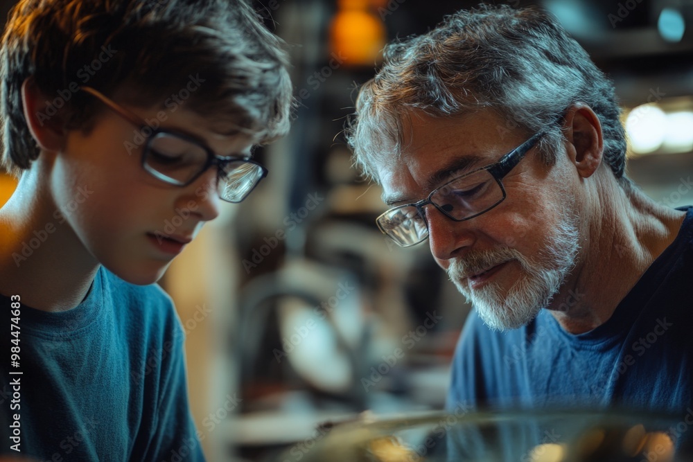 An elderly man is seen teaching a younger man in a workshop setting, focusing on some form of intricate work or craft, emphasizing the importance of mentorship and learning. An elderly man is seen teaching a younger man in a workshop setting, focusing on some form of intricate work or craft, emphasizing the importance of mentorship and learning.