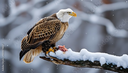 Majestic bald eagle surveying the snowy landscape from a branch, poised for the hunt photo