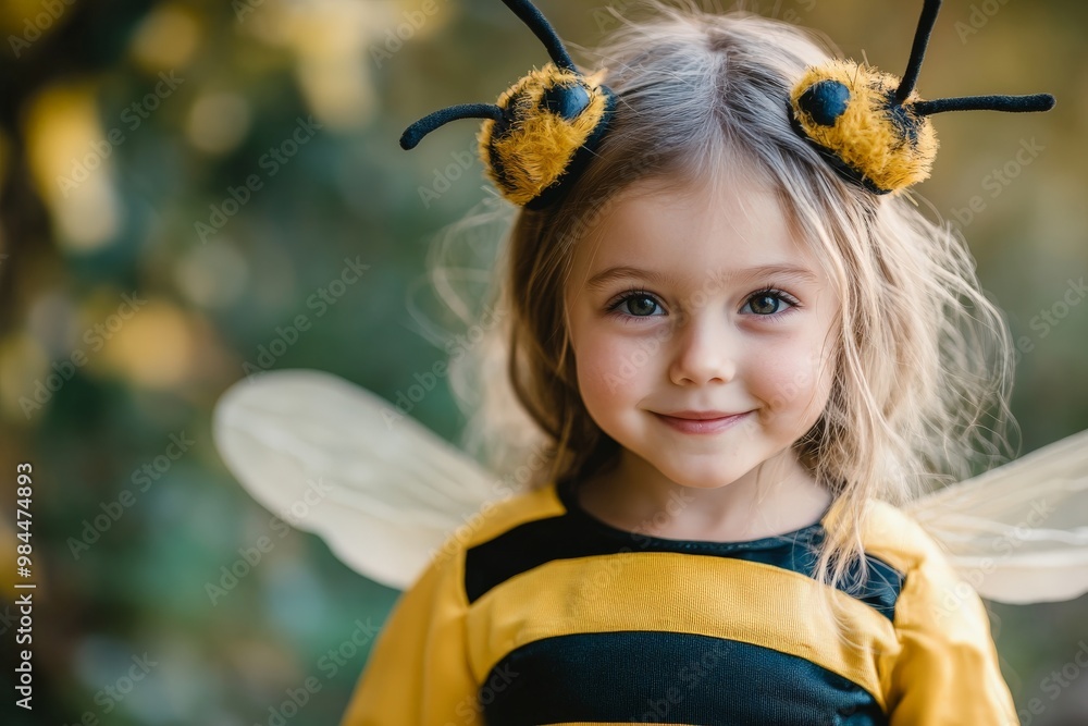 A cheerful child dressed as a bee smiles brightly, standing in a natural outdoor environment that highlights their joyful innocence and playful spirit. A cheerful child dressed as a bee smiles brightly, standing in a natural outdoor environment that highlights their joyful innocence and playful spirit.