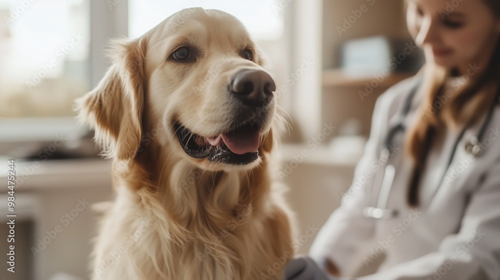 female doctor examining the golden retriever dog in a veterinary clinic female doctor examining the golden retriever dog in a veterinary clinic