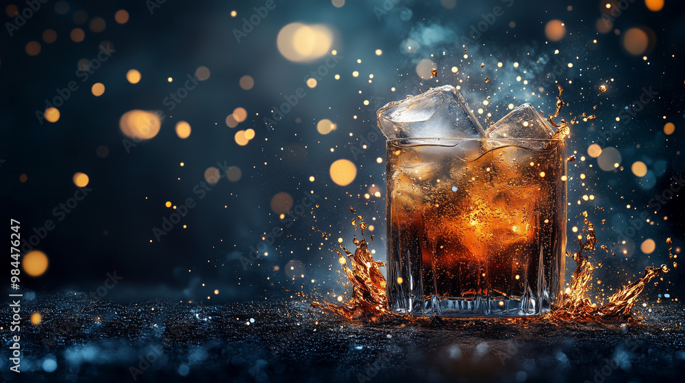 Whiskey splash with ice cubes against festive bokeh lights Whiskey splash with ice cubes against festive bokeh lights