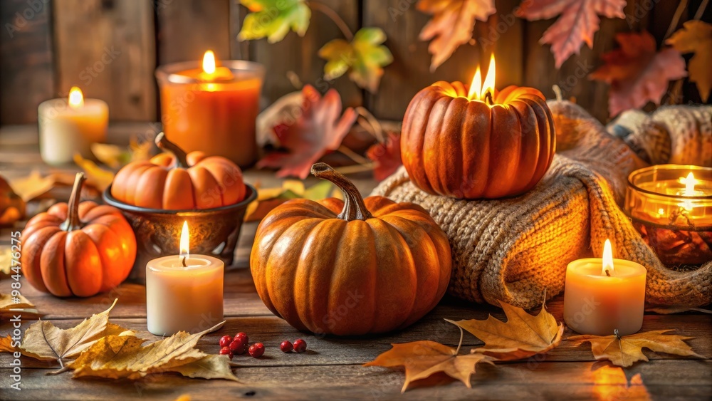 Lit candles and pumpkins with autumn leaves on wooden table Warm, cozy atmosphere Lit candles and pumpkins with autumn leaves on wooden table Warm, cozy atmosphere