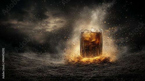 Dramatic glass of whiskey with ice amidst smoky explosion