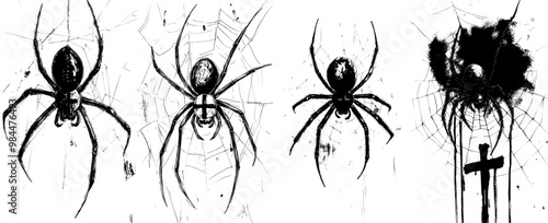 Halloween Botanical Illustration in Vintage Style of Black Widow Spider and Web in Watercolor on White Background.