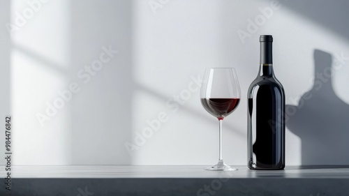 Glass of red wine next to full bottle on minimalist table, lit by natural light