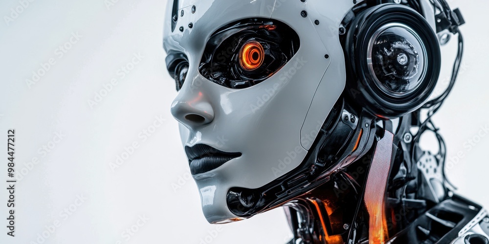 A close-up of a futuristic robot face showcasing advanced technology and intricate design in a sleek, modern style. A close-up of a futuristic robot face showcasing advanced technology and intricate design in a sleek, modern style.
