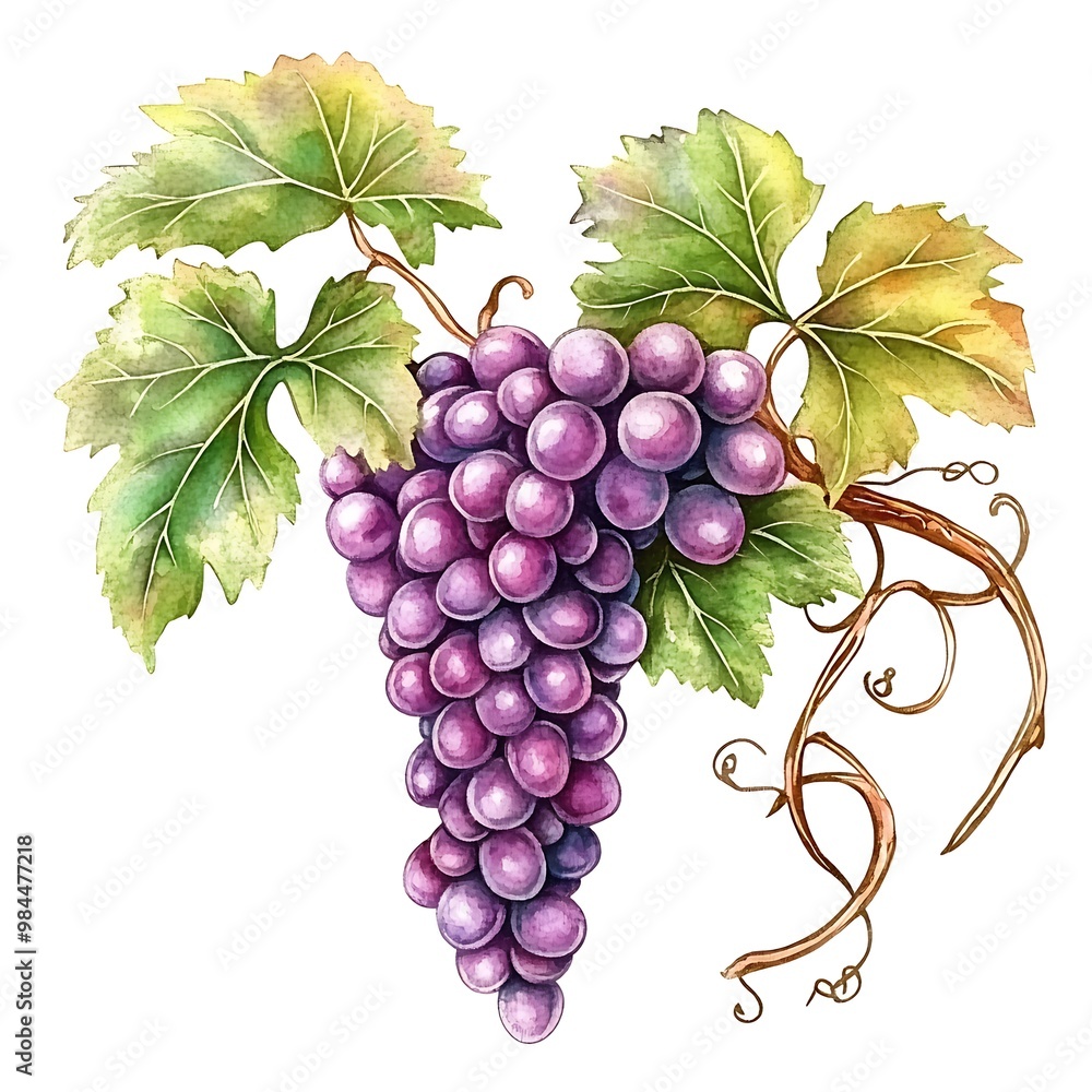 Obraz premium Watercolor Illustration of a Single Bunch of Purple Grapes with Vine and Leaves.