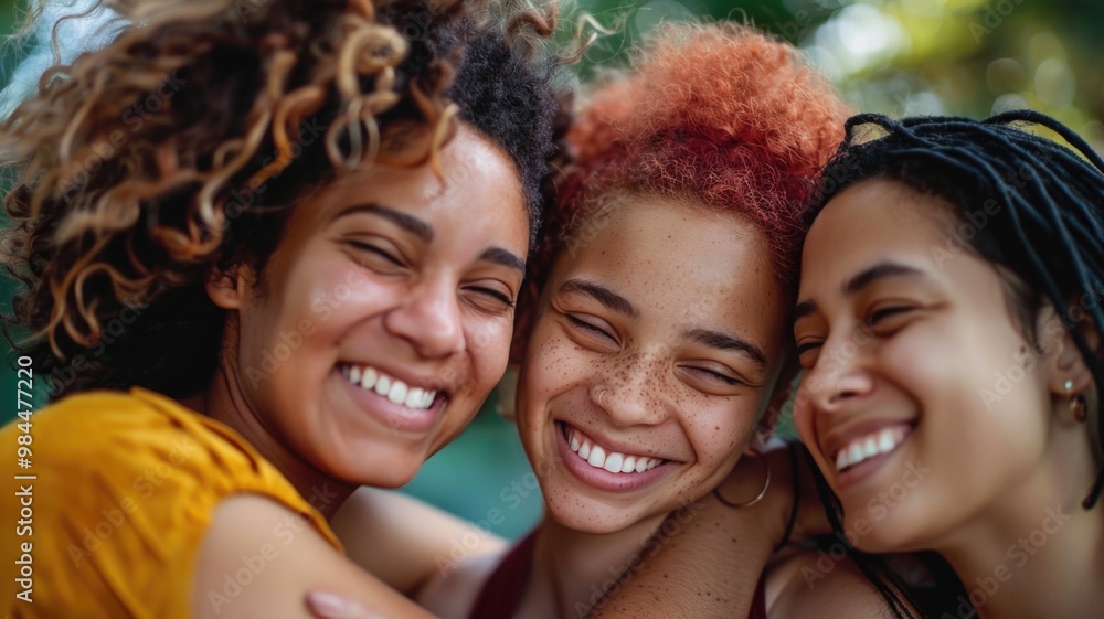 Three young women embracing and smiling outdoors, World Smile Day Three young women embracing and smiling outdoors, World Smile Day