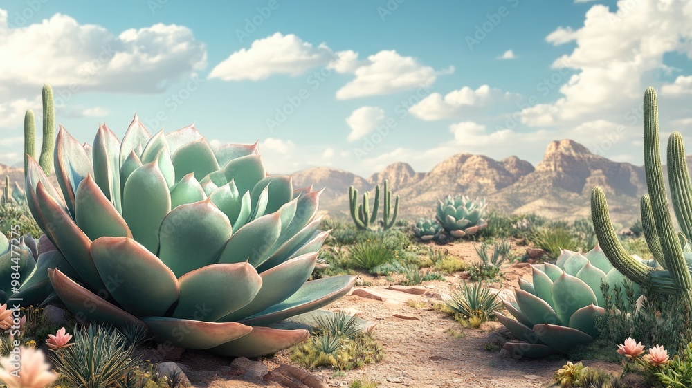 Scenic desert landscape with succulents, cacti, mountains, and clear sky Scenic desert landscape with succulents, cacti, mountains, and clear sky