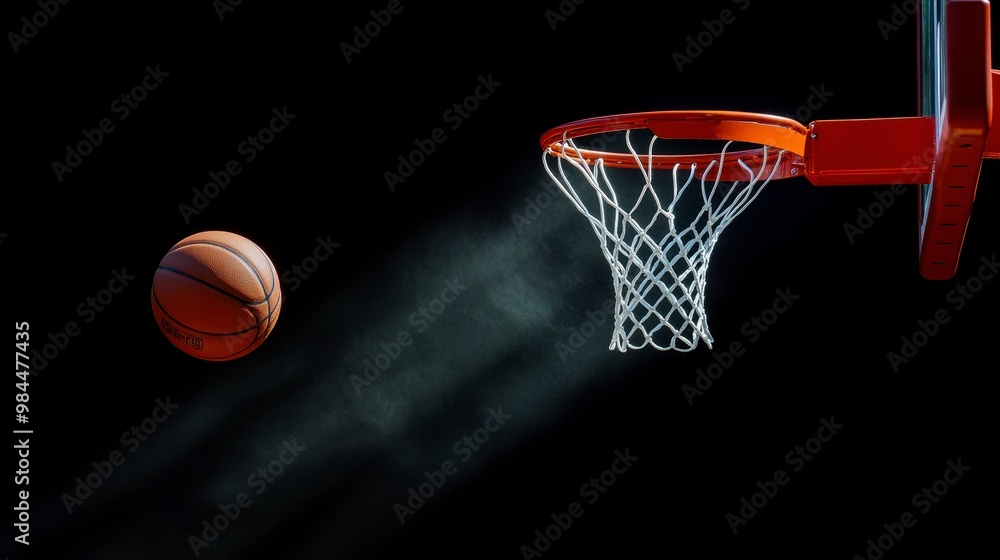 A basketball approaches a hoop, illuminated against a dark background. A basketball approaches a hoop, illuminated against a dark background.