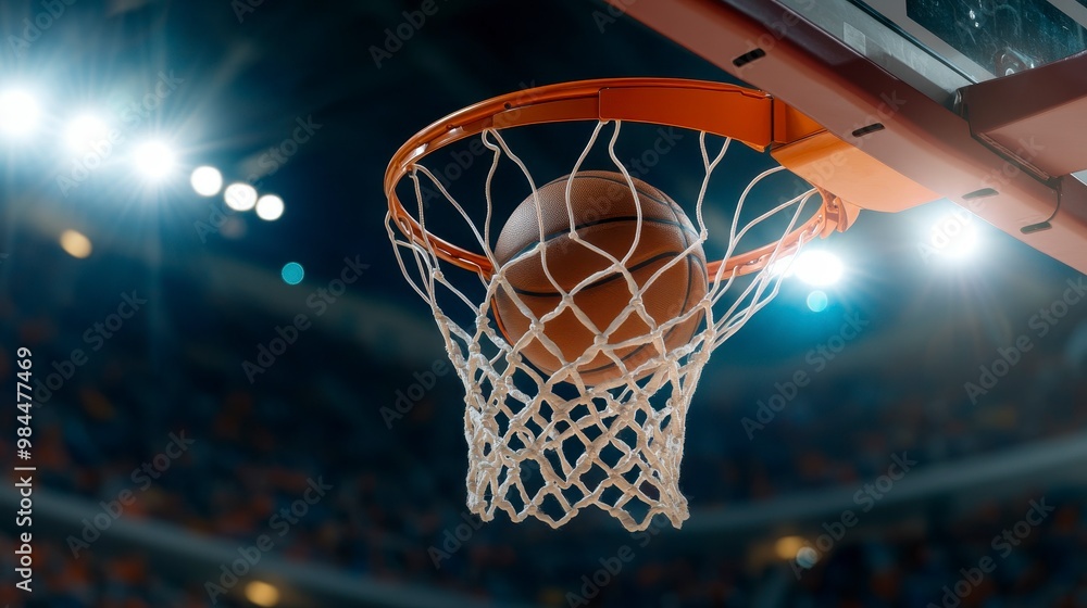 A basketball is about to enter a hoop during a game in a stadium. A basketball is about to enter a hoop during a game in a stadium.