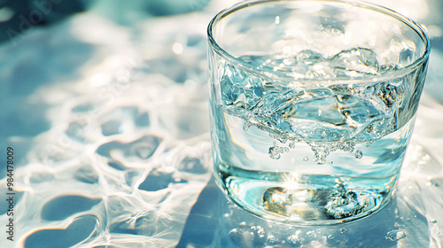 Wallpaper Mural Glass with clean clear water and shadows stands on a  table. glass with water on table
 Torontodigital.ca