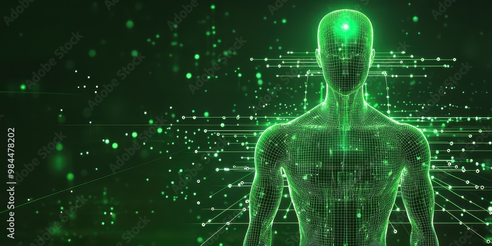 A glowing digital representation of a human form, illustrated with green lights and futuristic patterns, symbolizing technology and health. A glowing digital representation of a human form, illustrated with green lights and futuristic patterns, symbolizing technology and health.