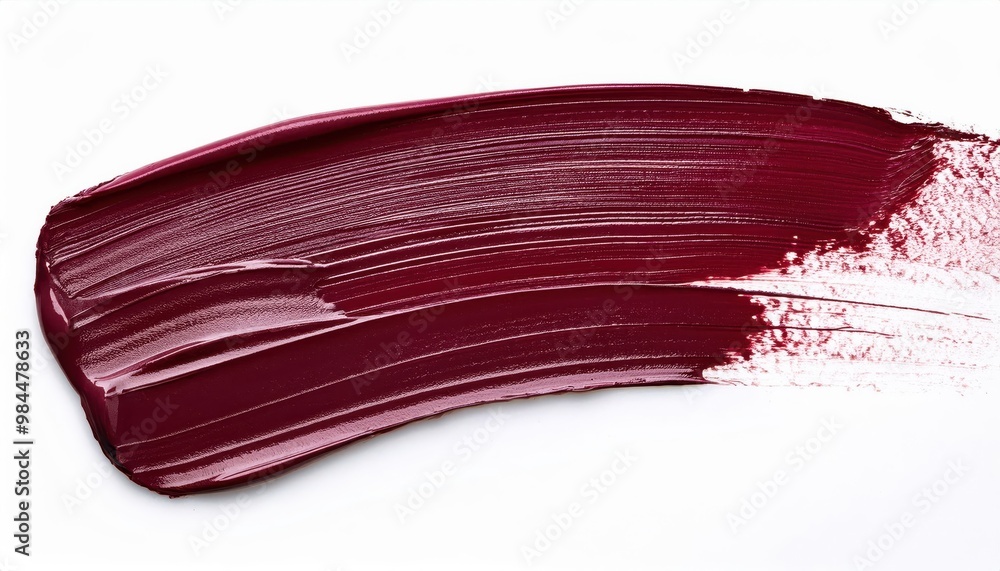 Deep Crimson Red Lipstick Swipe with Glossy Finish on Clean White Background. Texture and Brush Strokes Visible in a Close-Up of Bold Make-up Product Smear Deep Crimson Red Lipstick Swipe with Glossy Finish on Clean White Background. Texture and Brush Strokes Visible in a Close-Up of Bold Make-up Product Smear