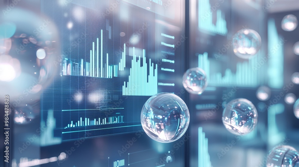 Holographic displays, graphs, and data flow through a futuristic digital interface powered by AI.