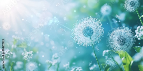 A serene close-up of dandelions glowing in sunlight, surrounded by a dreamy blue backdrop, perfect for nature themes. photo