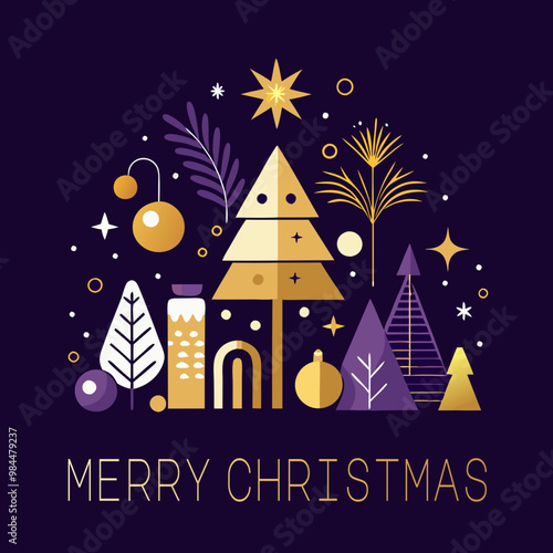 Merry Christmas greeting card with tree and decorations in geometric shapes 