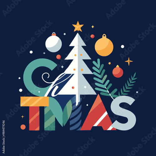 Colorful Christmas composition with tree, ornaments, and "CHRISTMAS" text on a dark background