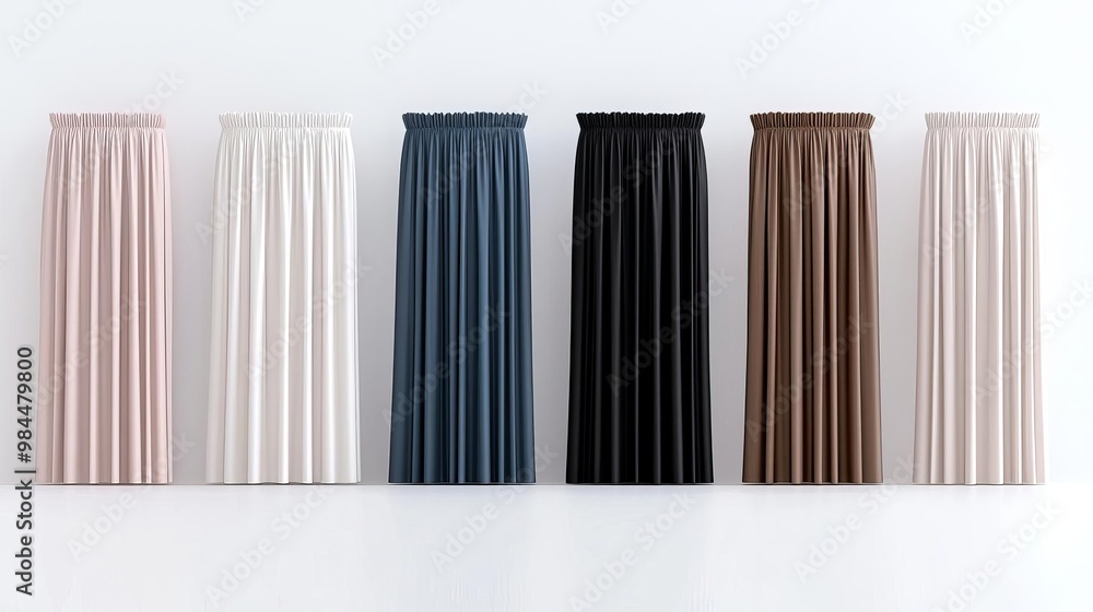 Obraz premium A collection of stylish, pleated skirts in various colors displayed on a white background, perfect for fashion inspiration.