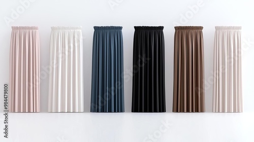 A collection of stylish, pleated skirts in various colors displayed on a white background, perfect for fashion inspiration. photo