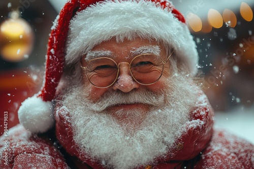 Portrait of Santa Claus with white beard in red cap and glasses on background of Christmas decorations. photo