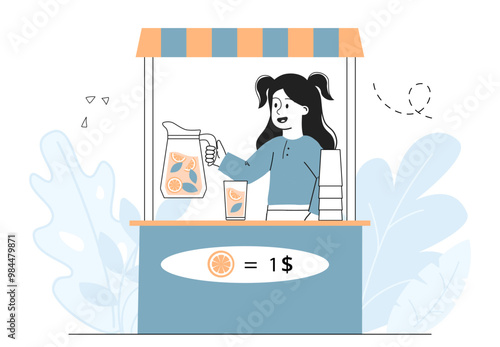 Girl sell lemonade. Schoolgirl sell lemon juice with ice. Street commerce and retail. Beverage for hot weather and summer season. Linear vector illustration