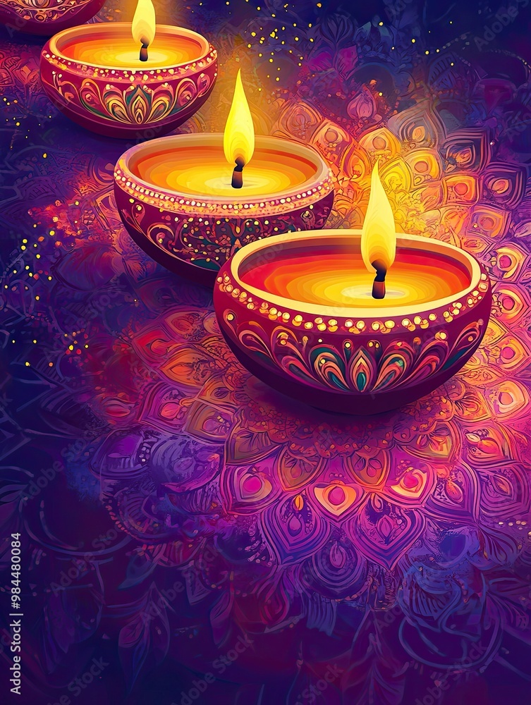 Colorful Diwali Lamps with Glowing Flames Colorful Diwali Lamps with Glowing Flames
