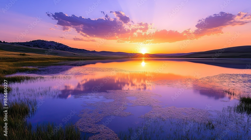 Fototapeta premium A serene evening shot of Spotted Lake, the setting sun creating soft hues of orange and purple in the sky, reflecting off the lake's unique surface.