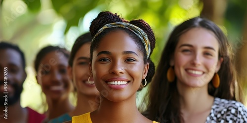 Diverse group of friends smiling outdoors in a vibrant setting, showcasing unity and positivity.