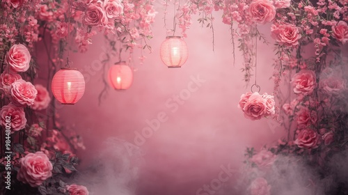 Romantic Floral Background with Lanterns and Fog