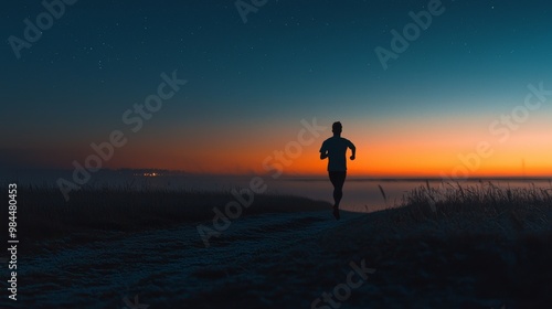 Man Running Alone at Dawn Through a Misty Field, Surrounded by a Glowing Sunrise