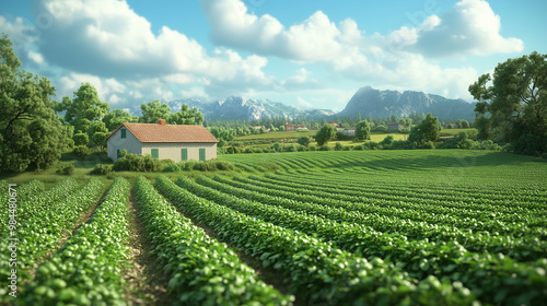 A serene landscape featuring charming house surrounded by lush green fields and distant mountains. vibrant scenery evokes sense of tranquility and connection to nature.