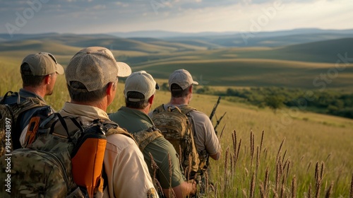 A group of hunters observing a vast landscape during a hunting expedition. photo