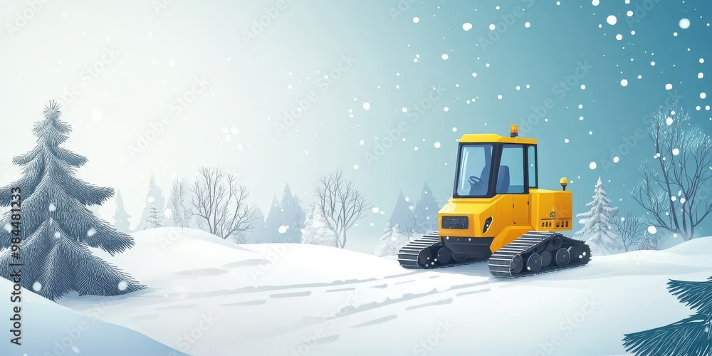 A bright yellow snow plow clears a winter landscape under gentle snowfall, surrounded by snow-covered trees and serene scenery. A bright yellow snow plow clears a winter landscape under gentle snowfall, surrounded by snow-covered trees and serene scenery.