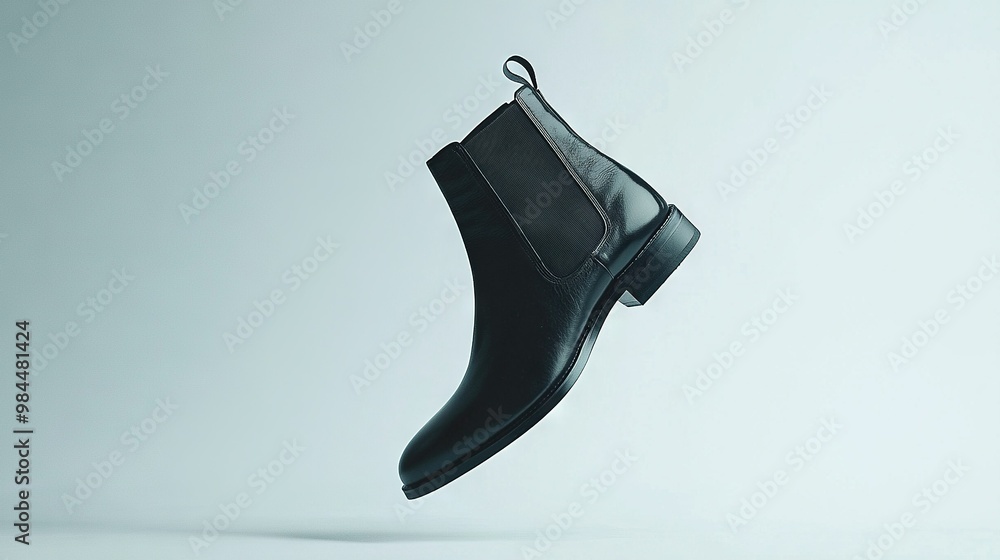 A black boot and shoe hang on opposite sides of a white wall A black boot and shoe hang on opposite sides of a white wall