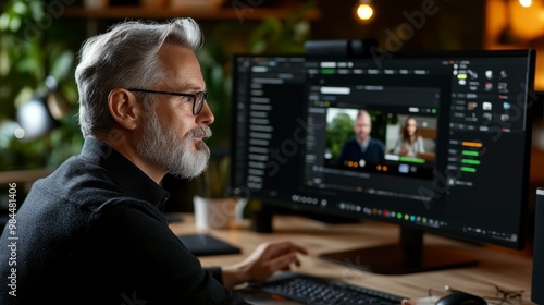 A man with gray hair working on a computer, engaged in a video call or presentation.