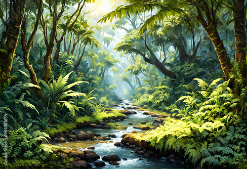 Lush Tropical Forest Scene with Stream and Sunlight – Realistic Digital Painting 