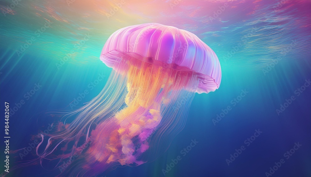 Vibrant jellyfish glowing underwater in pink light Vibrant jellyfish glowing underwater in pink light