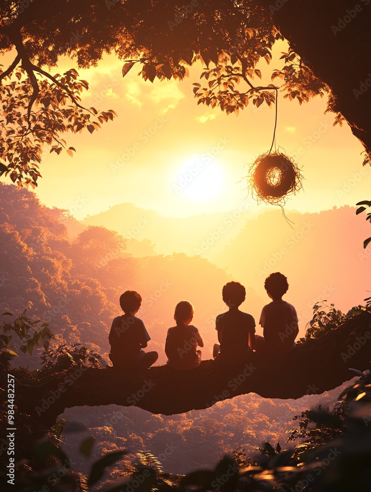 Fototapeta premium Four Children Sitting on Tree Branch Watching Sunrise Over Scenic Mountain Landscape