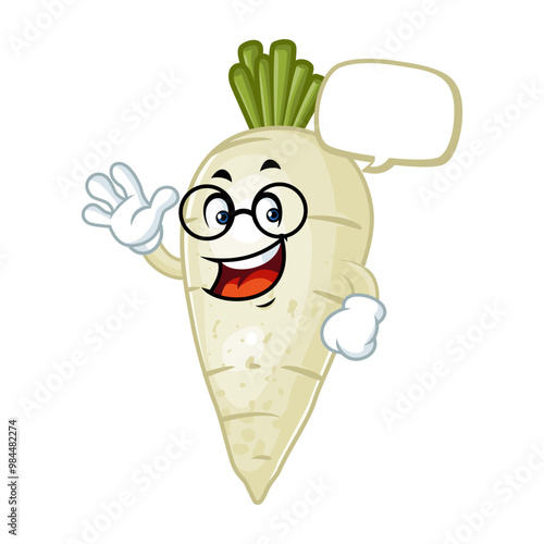 Cute and happy cartoon daikon radish character wearing glasses and waving. Perfect for healthy food promotions!