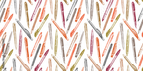 Seamless pattern of drawn colorful textured pens, writing instruments, stationery, vector background, paper
