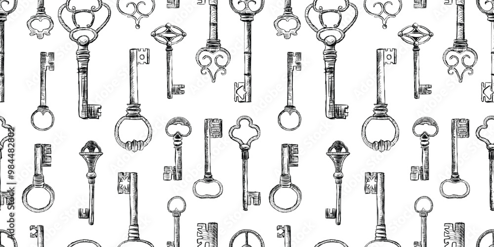 Seamless pattern of sketches different old keys, white background, paper,wallpaper, vector illustration Seamless pattern of sketches different old keys, white background, paper,wallpaper, vector illustration