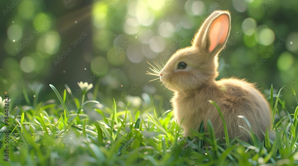 Fototapeta premium Charming Little Bunny in Grass with Ears Perked Up and Gazing Away
