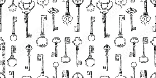 Seamless pattern of sketches different old keys, white background, paper,wallpaper, vector illustration