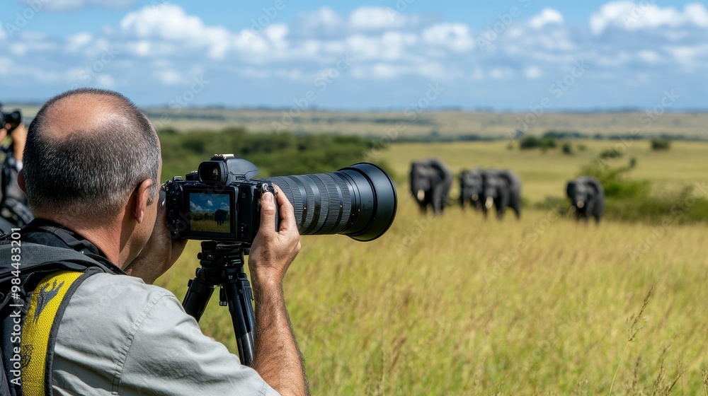 A photographer captures elephants in the wild, showcasing wildlife photography. A photographer captures elephants in the wild, showcasing wildlife photography.