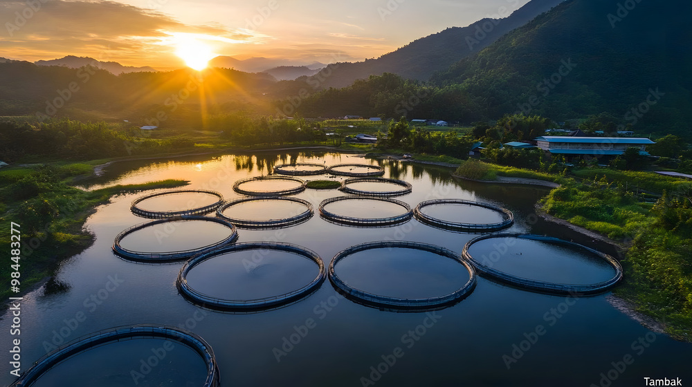 Tranquil countryside with circular fish ponds, mountains in the distance.Aerial view of fish pond Tranquil countryside with circular fish ponds, mountains in the distance.Aerial view of fish pond