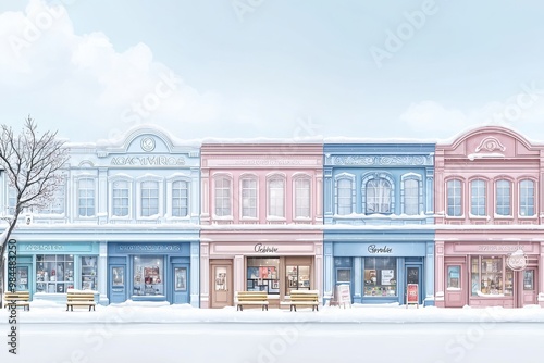 Illustrated row of colorful historic storefronts in winter landscape
