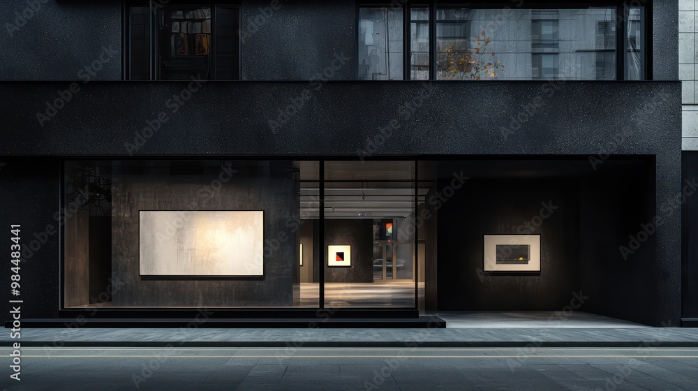 A modern minimalist art gallery with a dark charcoal facade, showcasing contemporary art pieces, located in a bustling cultural quarter A modern minimalist art gallery with a dark charcoal facade, showcasing contemporary art pieces, located in a bustling cultural quarter