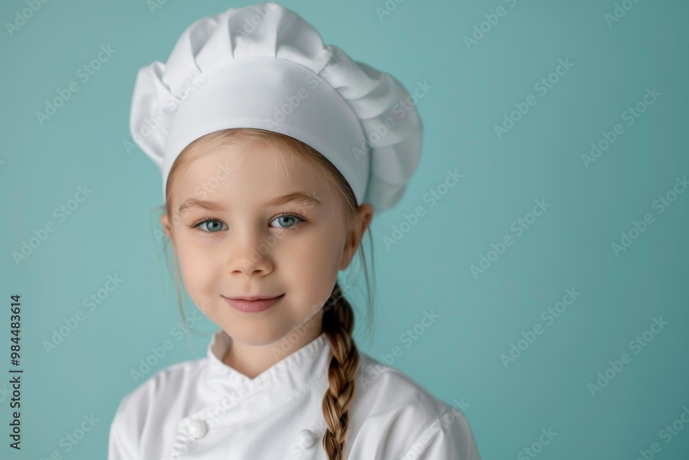 A cheerful young girl wearing a chef's uniform and hat, smiling against a bright blue background, perfect for culinary themes. A cheerful young girl wearing a chef's uniform and hat, smiling against a bright blue background, perfect for culinary themes.