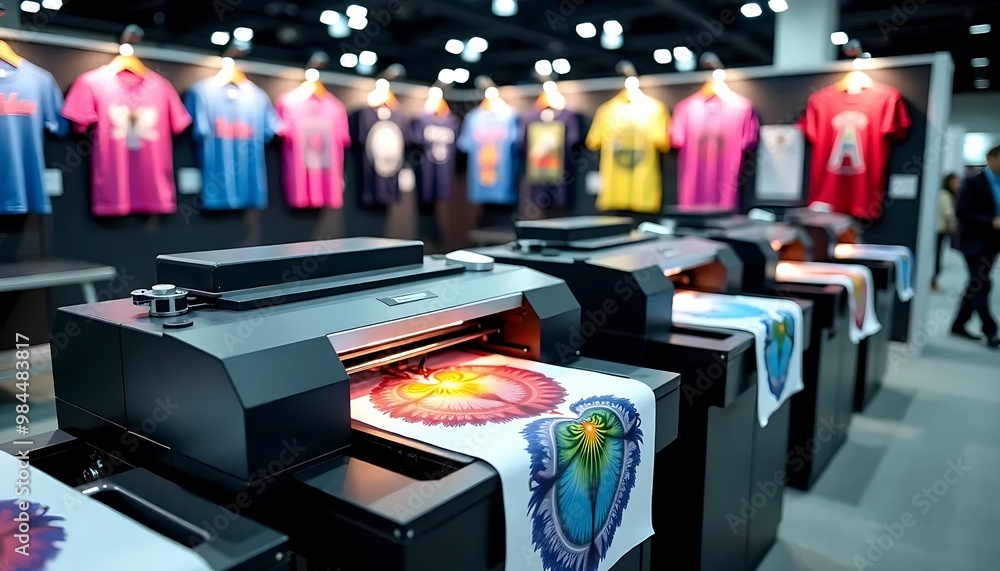 DTF Textile Printing Setup with Printers and Colorful Fabrics: Showcasing Vibrant Designs and Technology